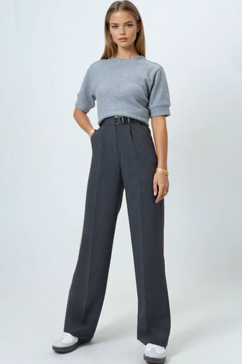 Kemerli Düğme Kapamalı Çift Cepli Palazzo Pantolon