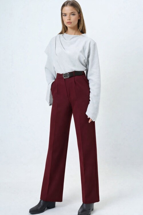 Kemerli Düğme Kapamalı Çift Cepli Palazzo Pantolon