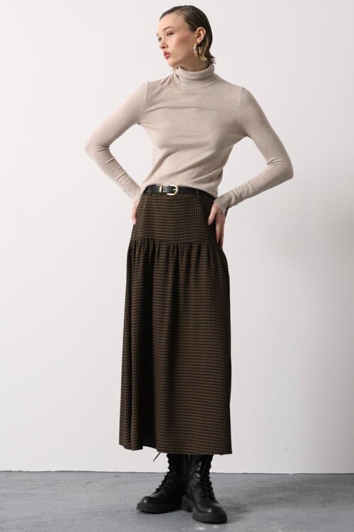 Kemerli Ekoseli Pileli Midi Boy Etek