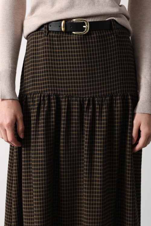 Kemerli Ekoseli Pileli Midi Boy Etek