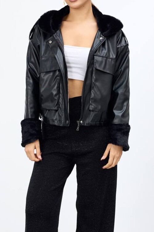 Kolları ve Yakası Fermaurlı Peluş Suni Deri Ceket