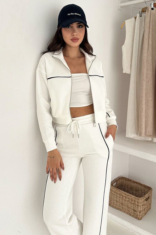 Kontrast Dikişli Fermuarlı Crop Sweat Ve Geniş Paça Eşofman Takım