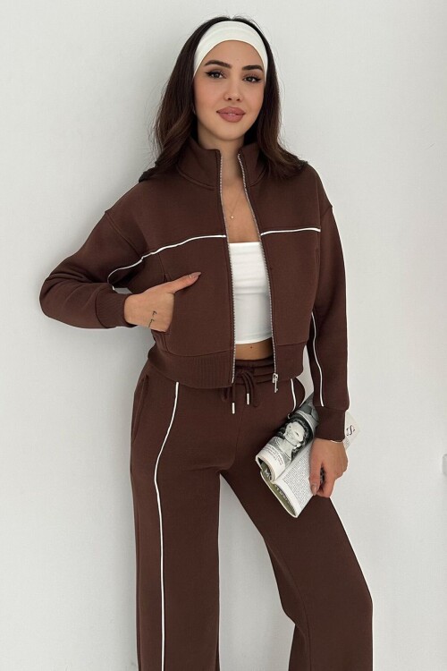 Kontrast Dikişli Fermuarlı Crop Sweat Ve Geniş Paça Eşofman Takım
