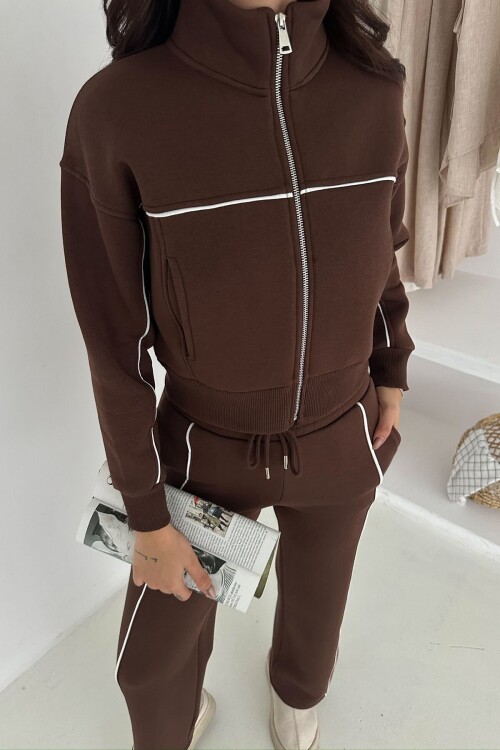 Kontrast Dikişli Fermuarlı Crop Sweat Ve Geniş Paça Eşofman Takım