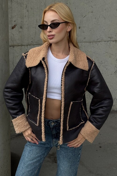 Koyu Kahve Çift Cepli İçi Suni Kürklü Suni Deri Biker Ceket