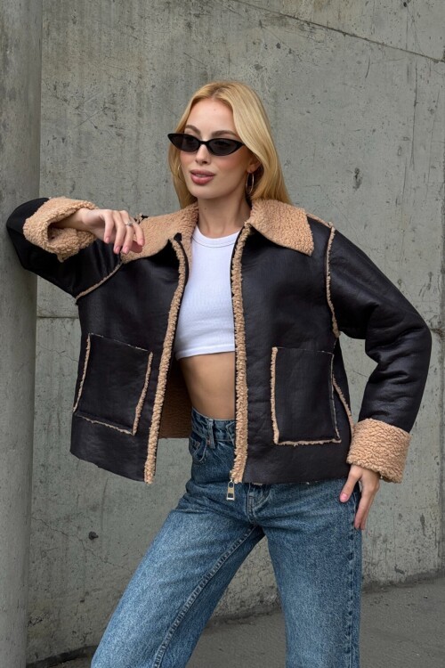 Koyu Kahve Çift Cepli İçi Suni Kürklü Suni Deri Biker Ceket