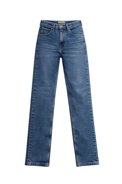 Koyu Mavi Düz Paça Eskitmeli Jean