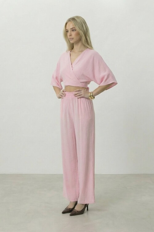 Kruvaze Yaka Bluz Ve Pantolon Takım