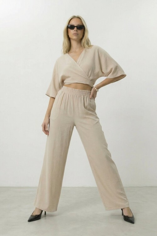 Kruvaze Yaka Bluz Ve Pantolon Takım