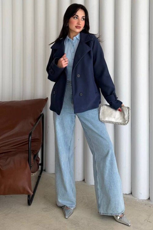 Kruvaze Yaka Çift Cepli Düğmeli Kaban