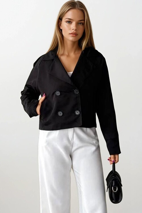 Kruvaze Yaka İçi Astarlı Kısa Trenç Ceket