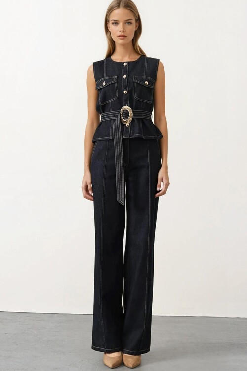 Kuşaklı Denim Bluz ve Çımalı Pantolon Denim Takım