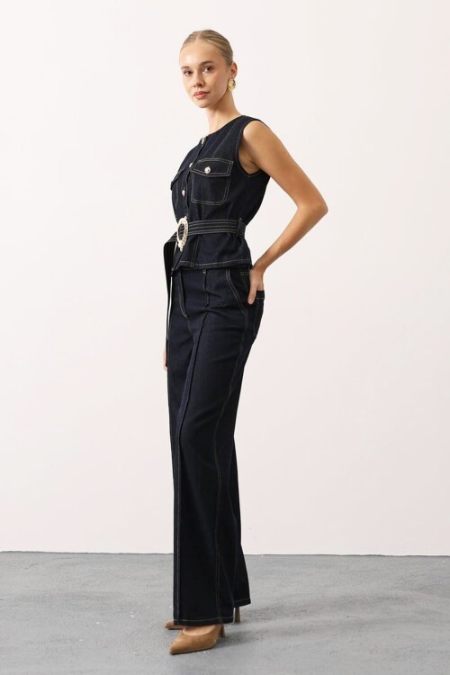 Kuşaklı Denim Bluz ve Çımalı Pantolon Denim Takım