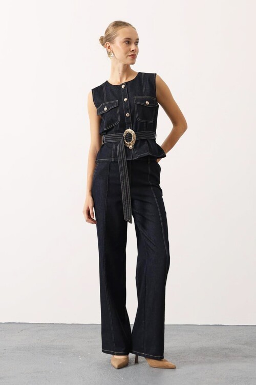 Kuşaklı Denim Bluz ve Çımalı Pantolon Denim Takım