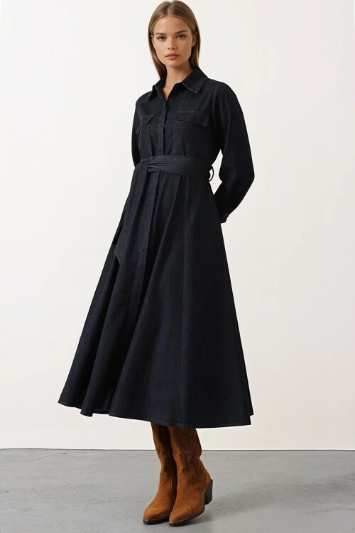 Kuşaklı Düğme Kapamalı Midi Boy Denim Elbise