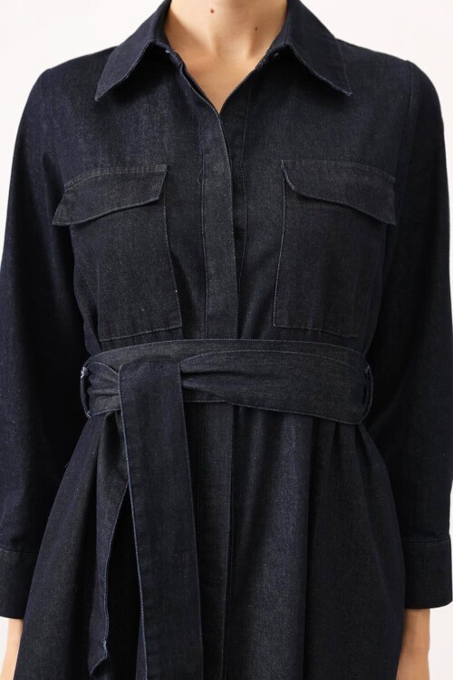 Kuşaklı Düğme Kapamalı Midi Boy Denim Elbise