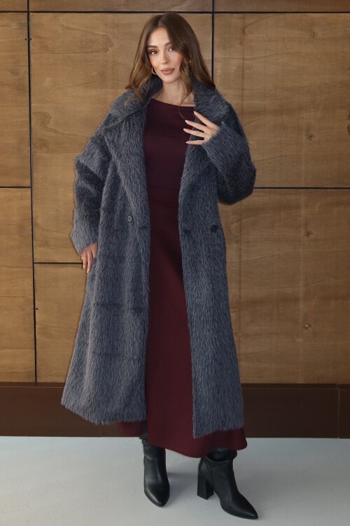 Kuşaklı Oversize Tüylü Şal Yaka Peluş Dokulu Uzun Kaban