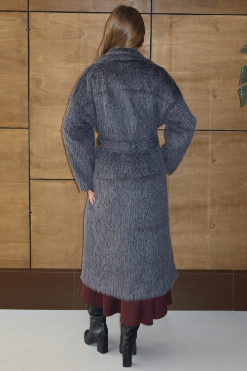 Kuşaklı Oversize Tüylü Şal Yaka Peluş Dokulu Uzun Kaban