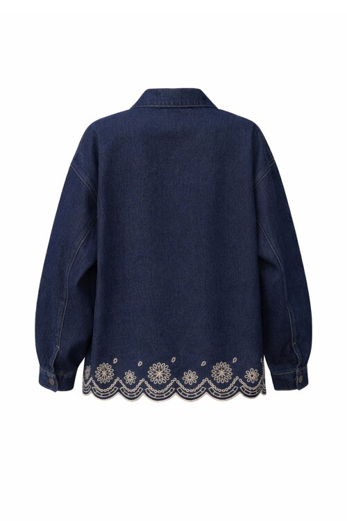 Lacivert Çift Cepli Düğme Kapamalı Etnik Nakışlı Oversize Jean Ceket