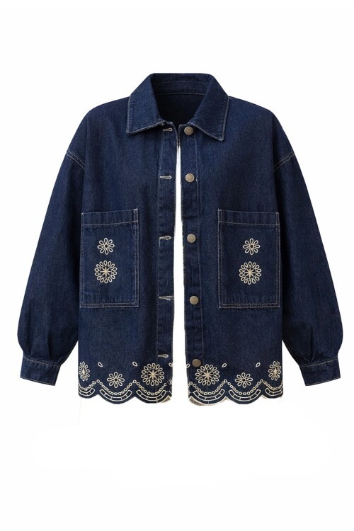 Lacivert Çift Cepli Düğme Kapamalı Etnik Nakışlı Oversize Jean Ceket