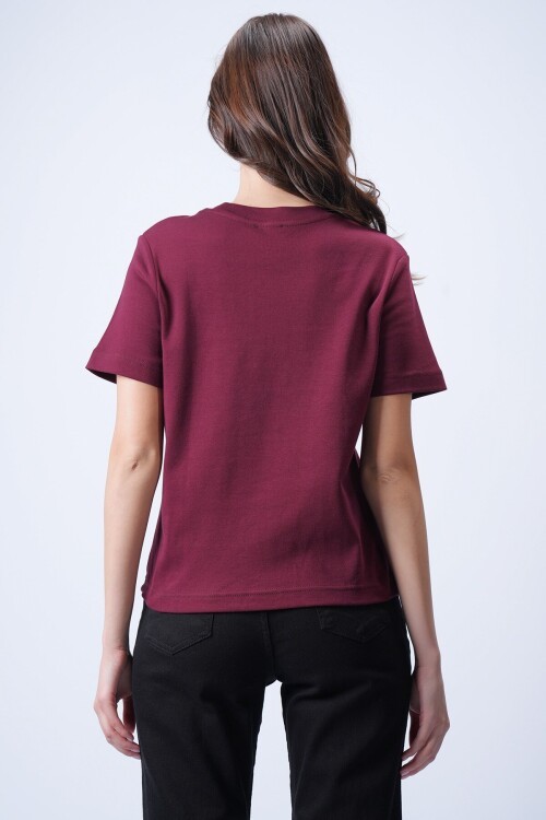 Bordo Likralı Kısa T-Shirt