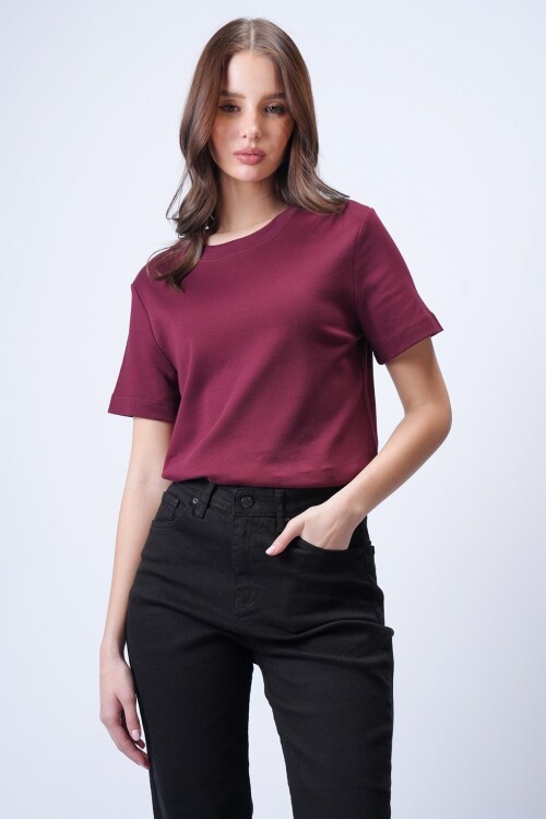 Bordo Likralı Kısa T-Shirt