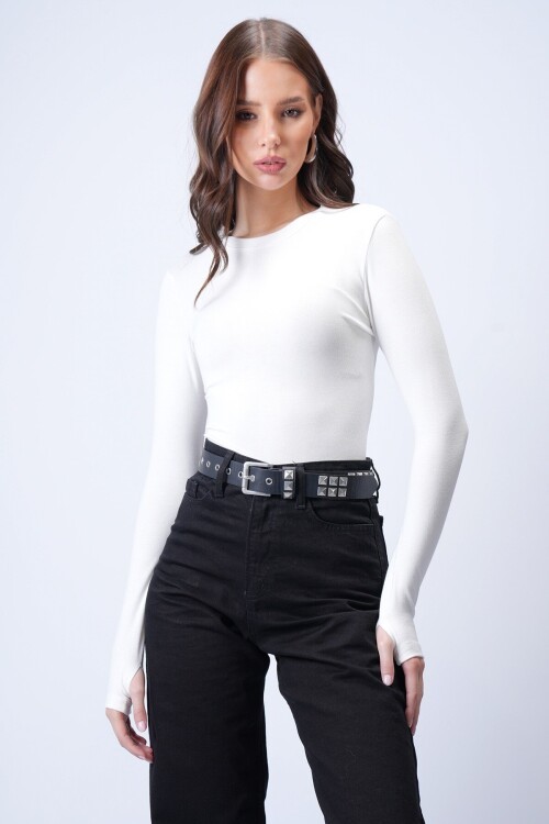 Beyaz Likralı Uzun Kollu Bluz