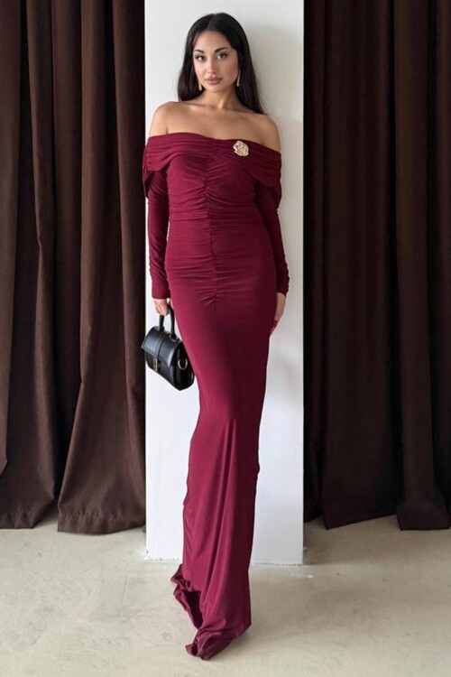 Madonna Yaka Drapeli Aksesuar Detaylı Maxi Boy Elbise