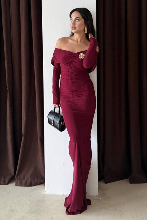 Madonna Yaka Drapeli Aksesuar Detaylı Maxi Boy Elbise