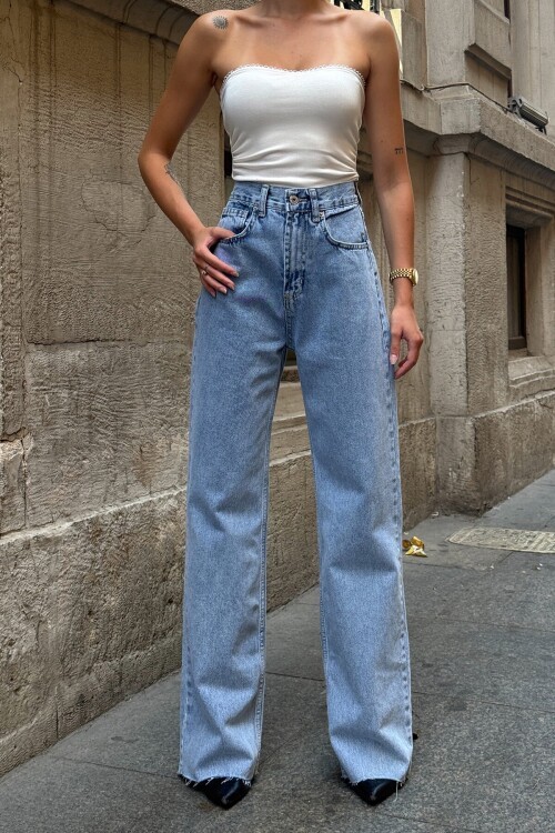 Mavi 5 Cepli Paçası Püsküllü Bol Paça Jean