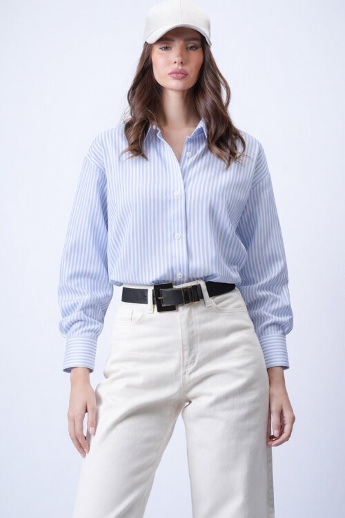 Mavi Oval Kesim Çizgili Oversize Gömlek