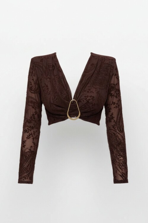 Metal Aksesuarlı İçi Astarlı  V Yaka Crop Likralı Dantel Bluz