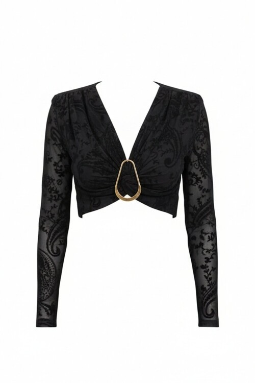 Metal Aksesuarlı İçi Astarlı  V Yaka Crop Likralı Dantel Bluz