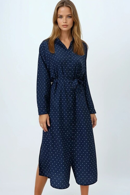 Okyanus Mavisi Puantiye Desenli Dokuma Viscon Gömlek Elbise