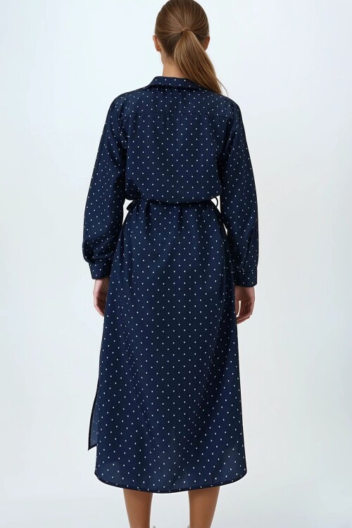 Okyanus Mavisi Puantiye Desenli Dokuma Viscon Gömlek Elbise