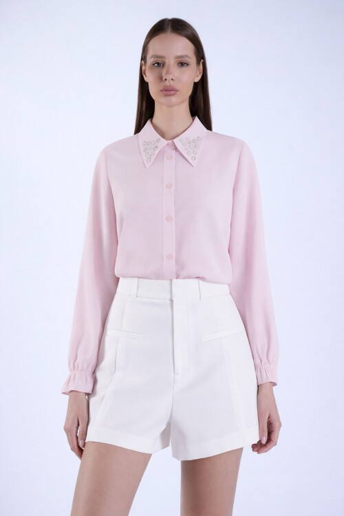 Pembe İnci Ve Taş İşlemeli Aerobin Gömlek