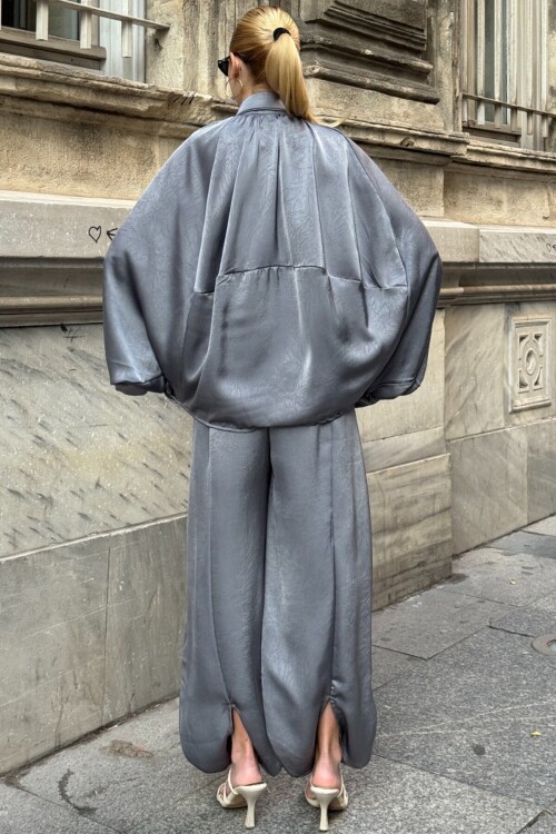 Polo Yaka Yarasa Kol Fermuar Kapamalı Ceket Ve Beli Lastlikli Pantolon Salaş Takım