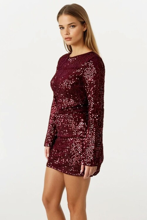 Pul Peyetli Fermuar Kapamalı Mini Elbise