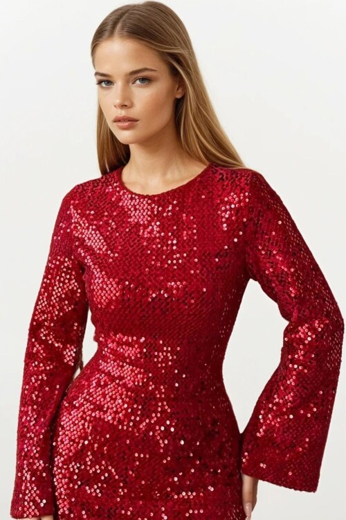 Pul Peyetli Fermuar Kapamalı Mini Elbise