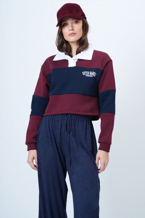 Renk Bloklu Polo Yaka Sweatshirt