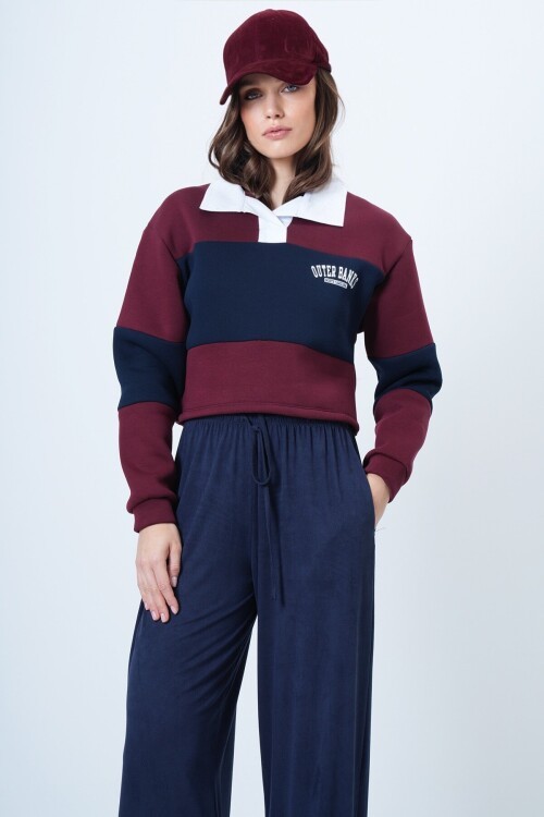 Renk Bloklu Polo Yaka Sweatshirt