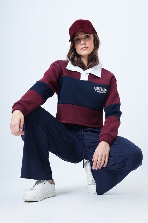 Renk Bloklu Polo Yaka Sweatshirt