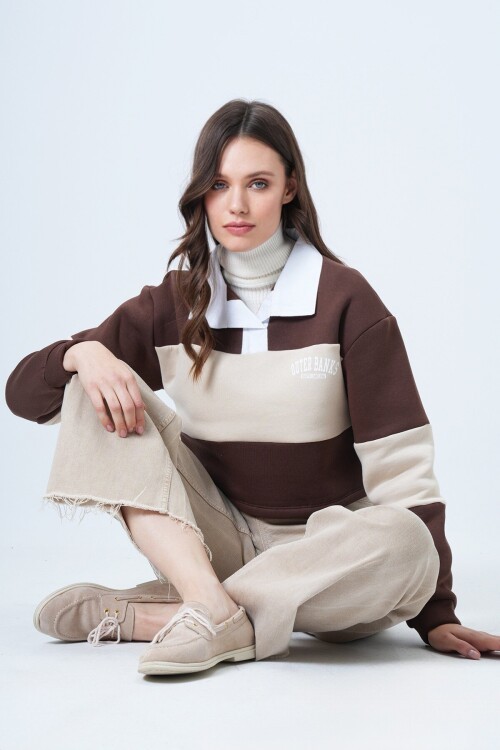 Renk Bloklu Polo Yaka Sweatshirt