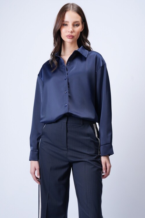 Lacivert Saten Gömlek