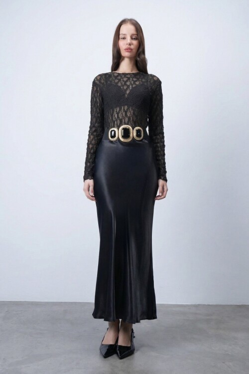 Siyah Saten Maxi Etek