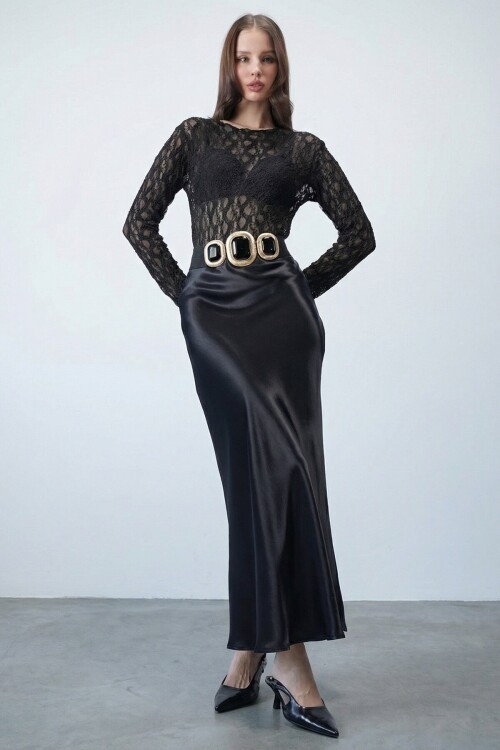 Siyah Saten Maxi Etek