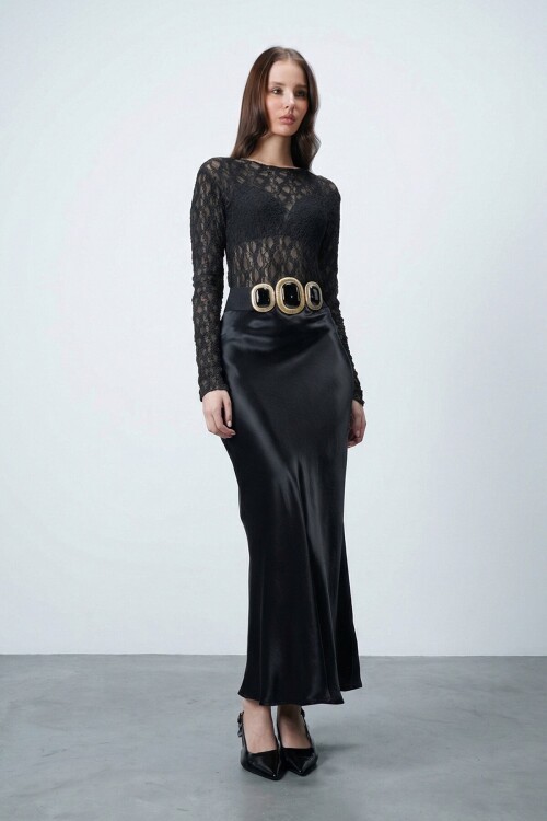 Siyah Saten Maxi Etek