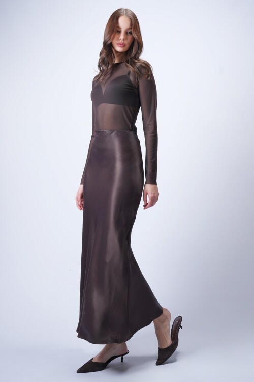 Acı Kahve Saten Maxi Etek