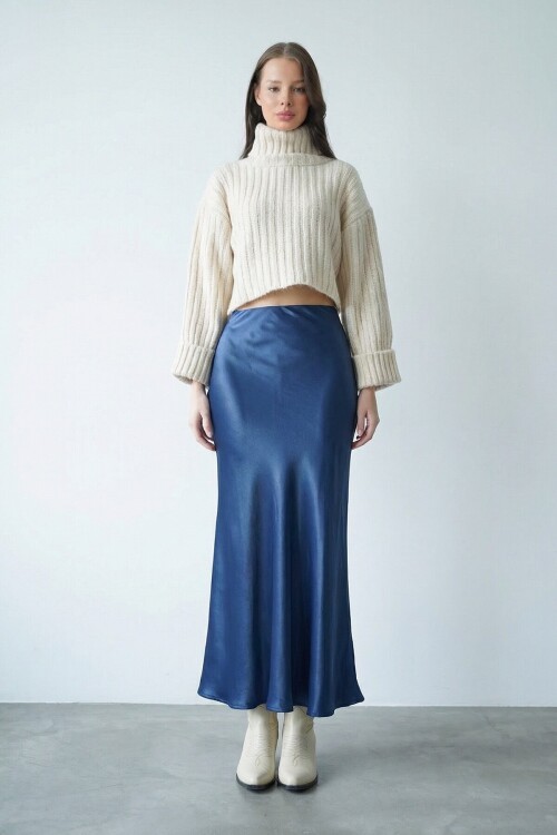 Lacivert Saten Maxi Etek