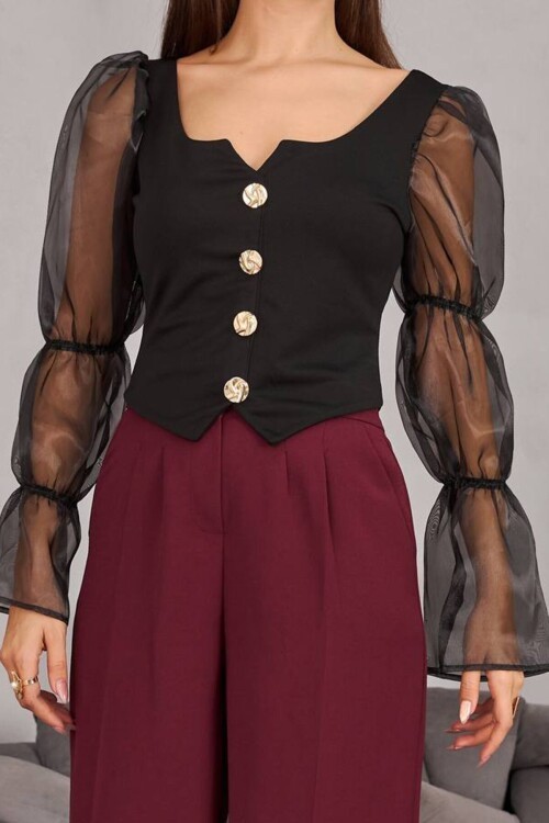 Şifon Kollu Düğmeli Kare Yaka Bluz